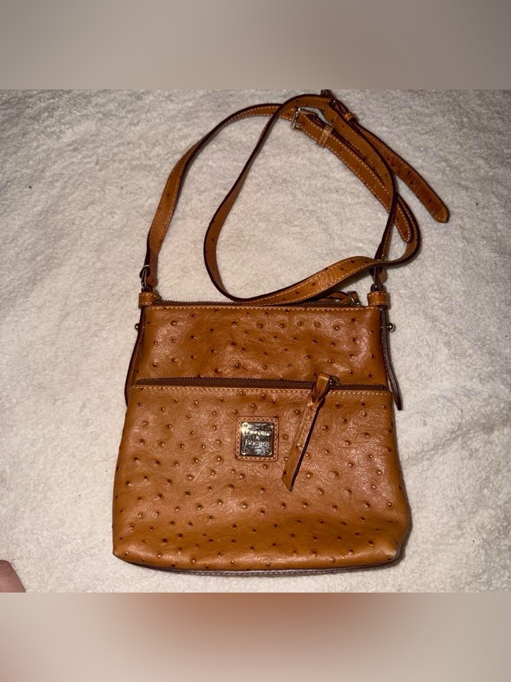 Dooney & Bourke Caramel Ostrich-Embossed Leather Letter Carrier Crossbody Bag
